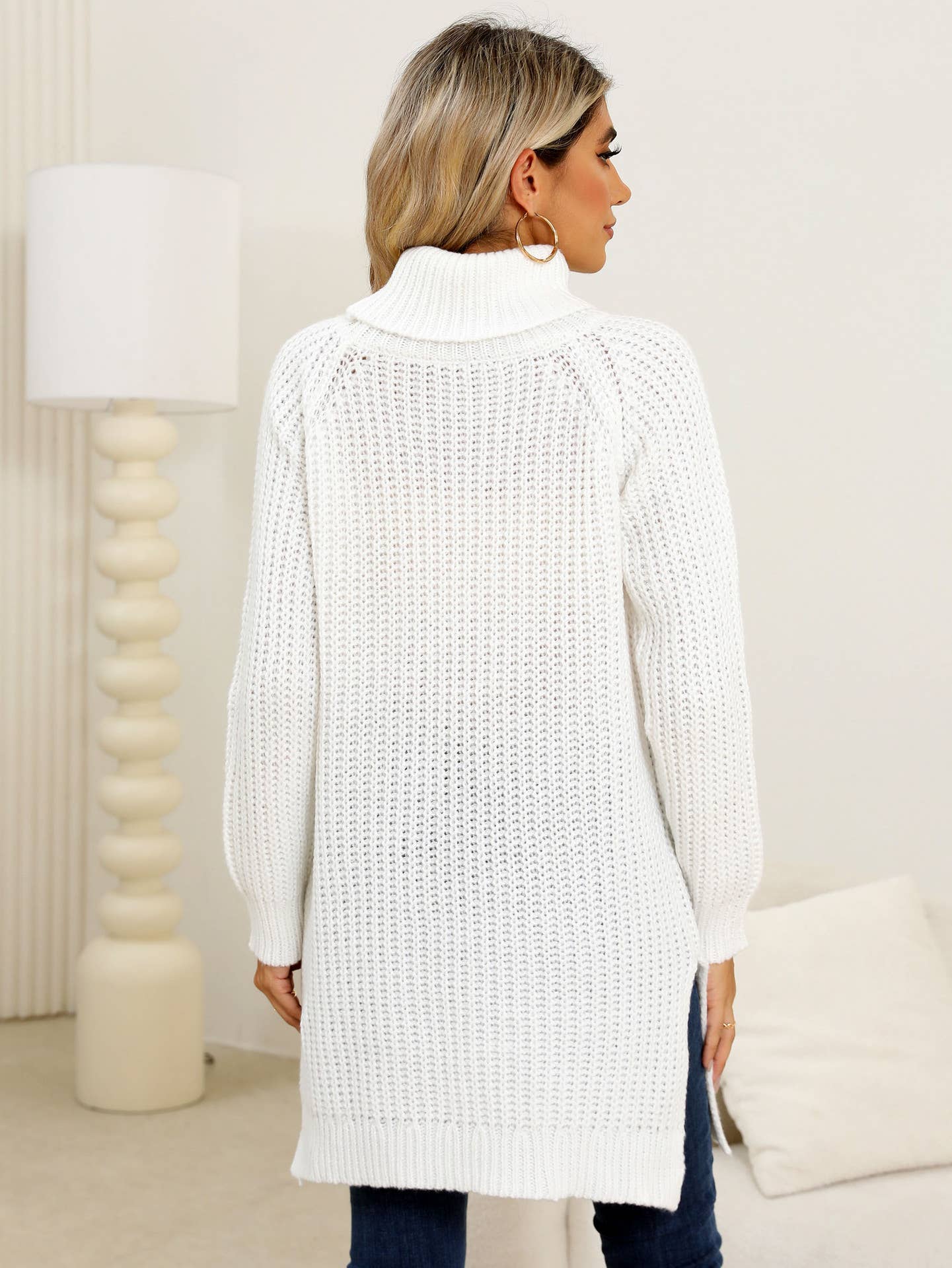 THICK SWEATER TURTLENECK SIMPLE SLIT DRESS