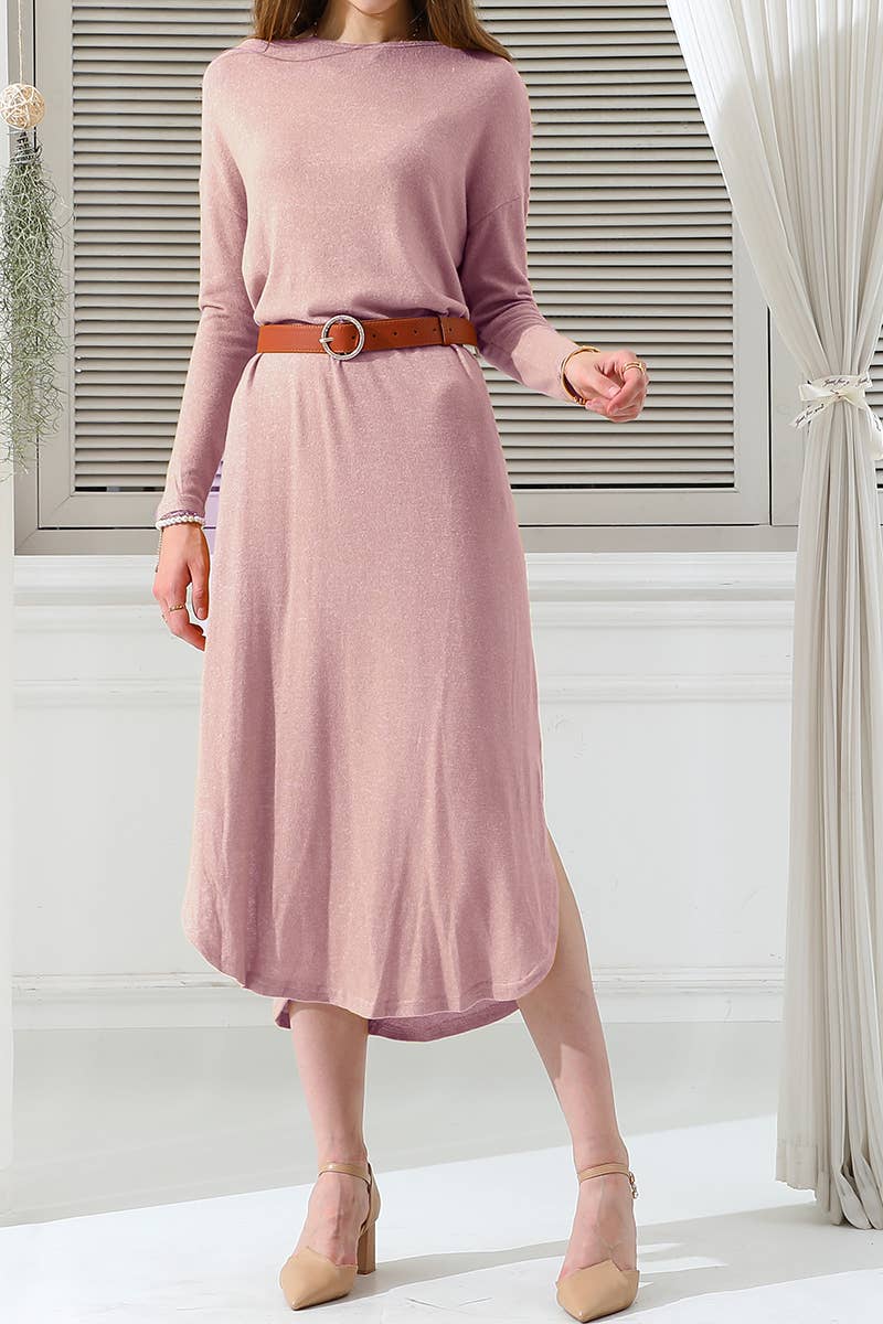 CWDMD546_ROUND NECK SOFT AND WARM SWEATER KNIT TUNIC DRESS