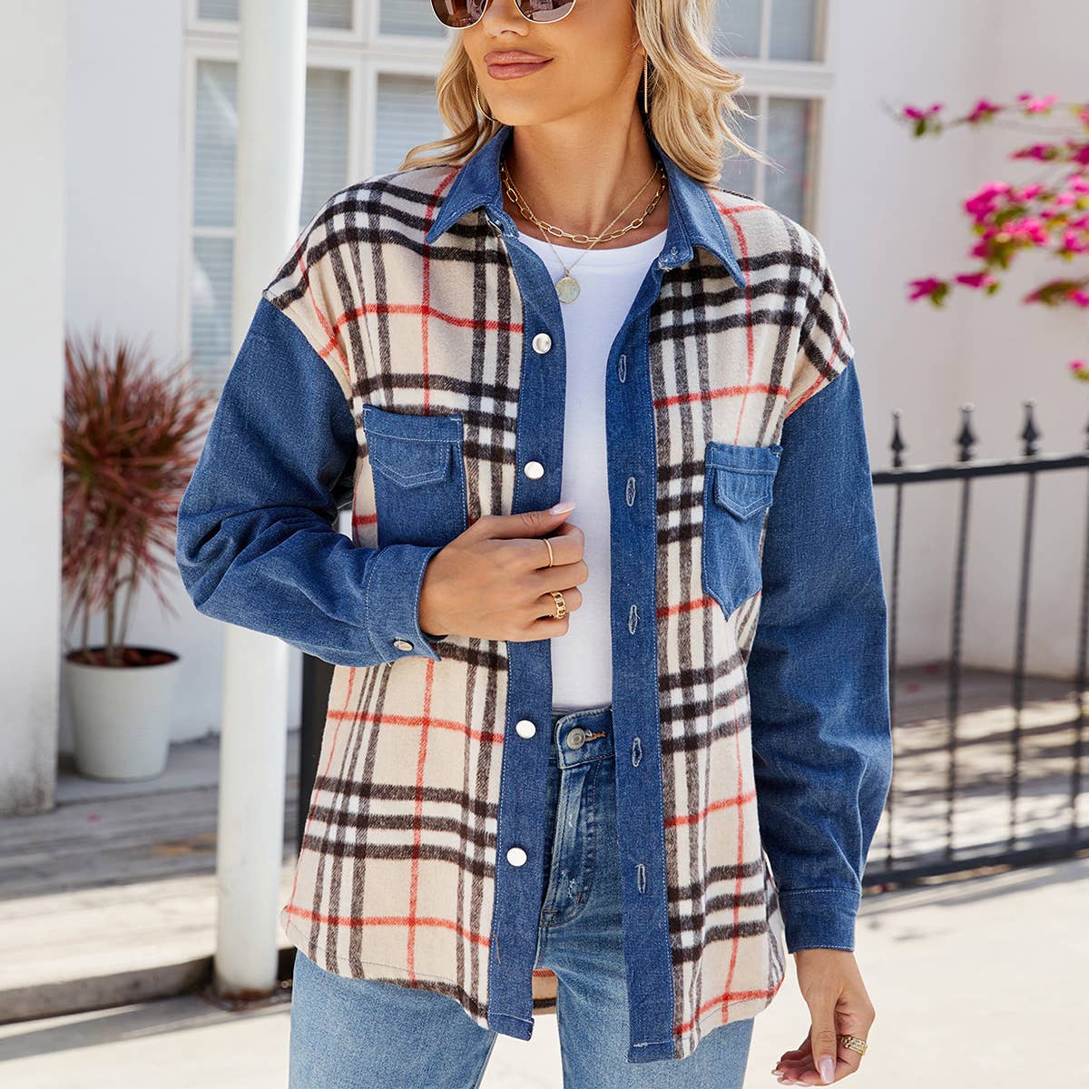 WASHED PLAID CASUAL DENIM LONG-SLEEVED JACKET