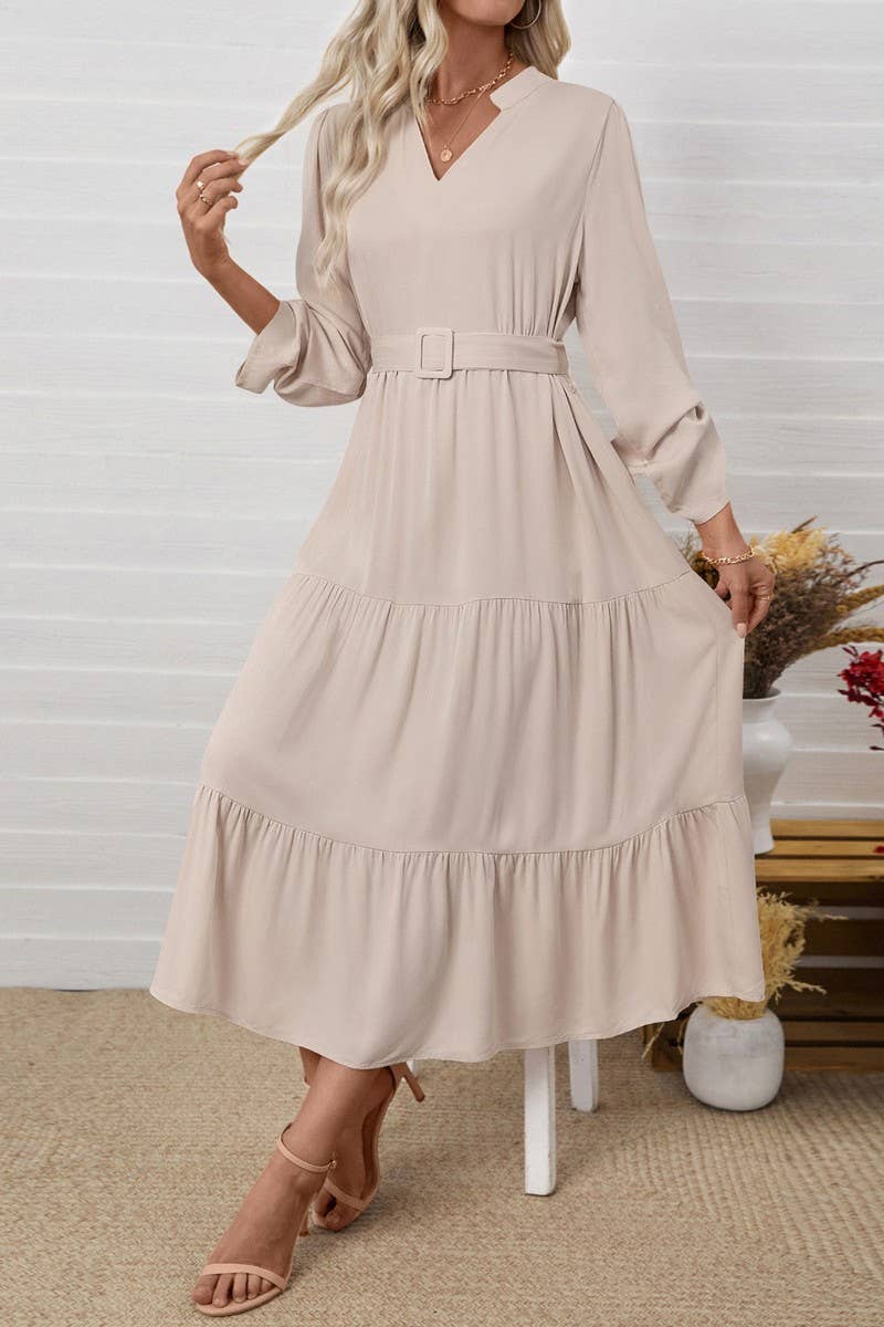 CWDMD6288_SOLID BELTED STAND COLLAR LONG SLEEVE DRESS