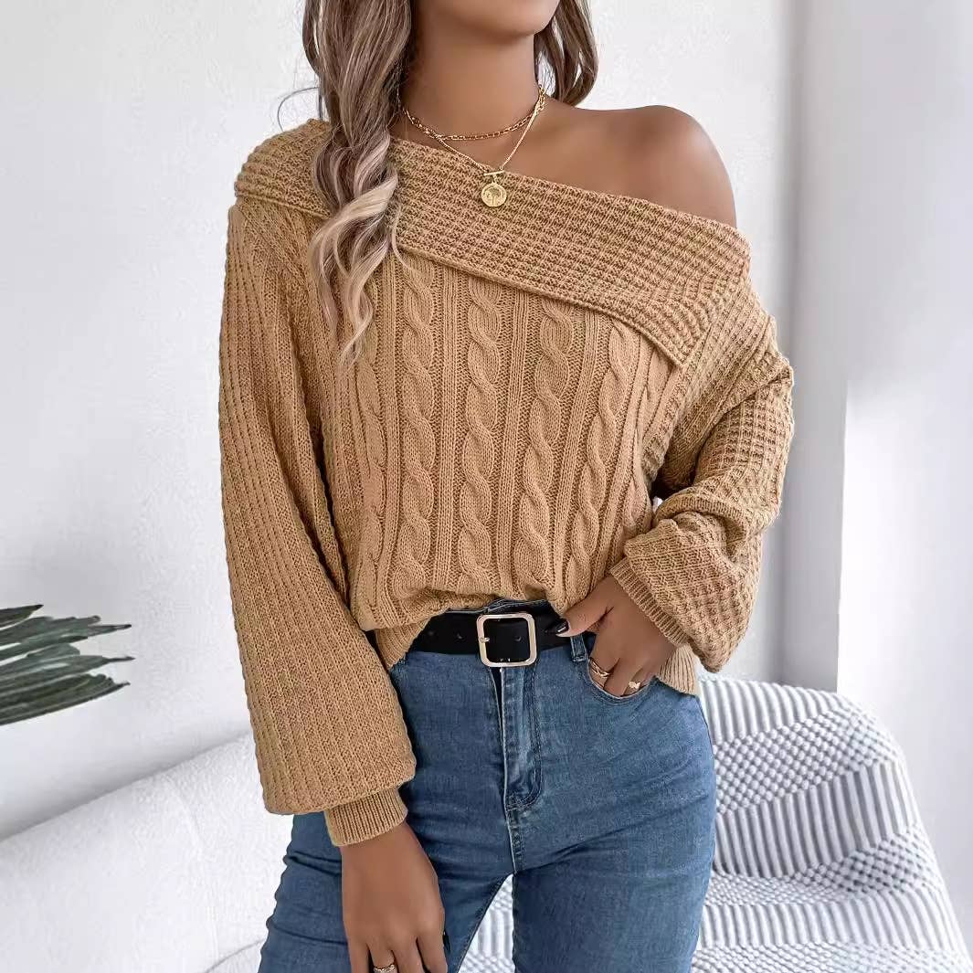 LONG SLEEVE PULLOVER SWEATER WITH STRAPLESS LAPEL