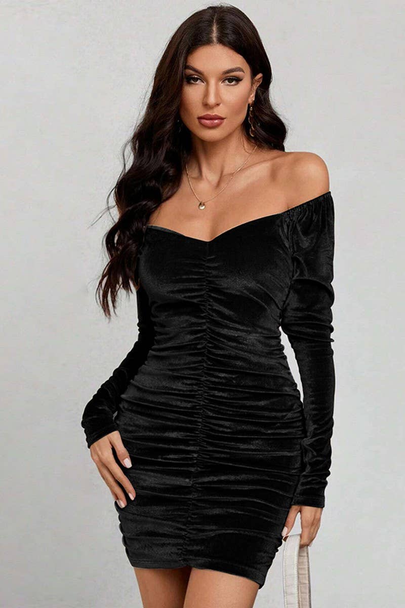 CWDSD6473_SOLID COLOR OFF-SHOULDER HIP VELVET DRESS