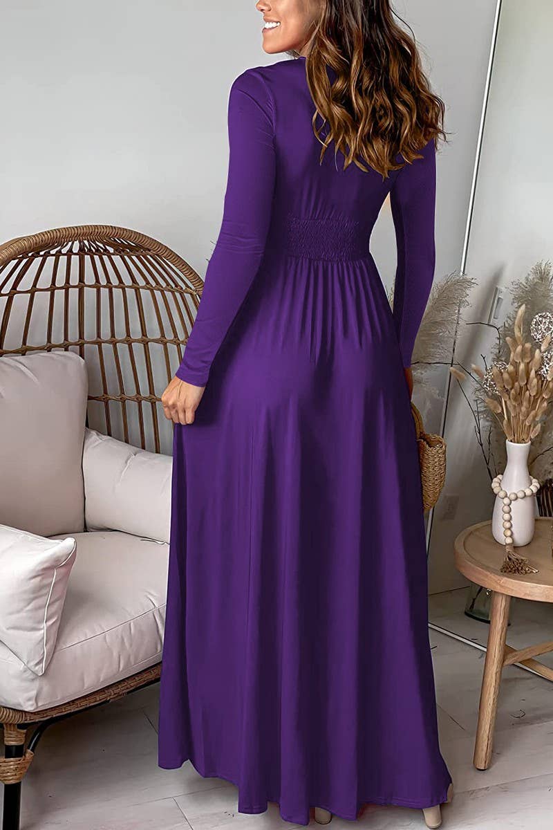 CWDMD5880_DEEP V RUCHED LONG SLEEVE SPLIT MAXI DRESS