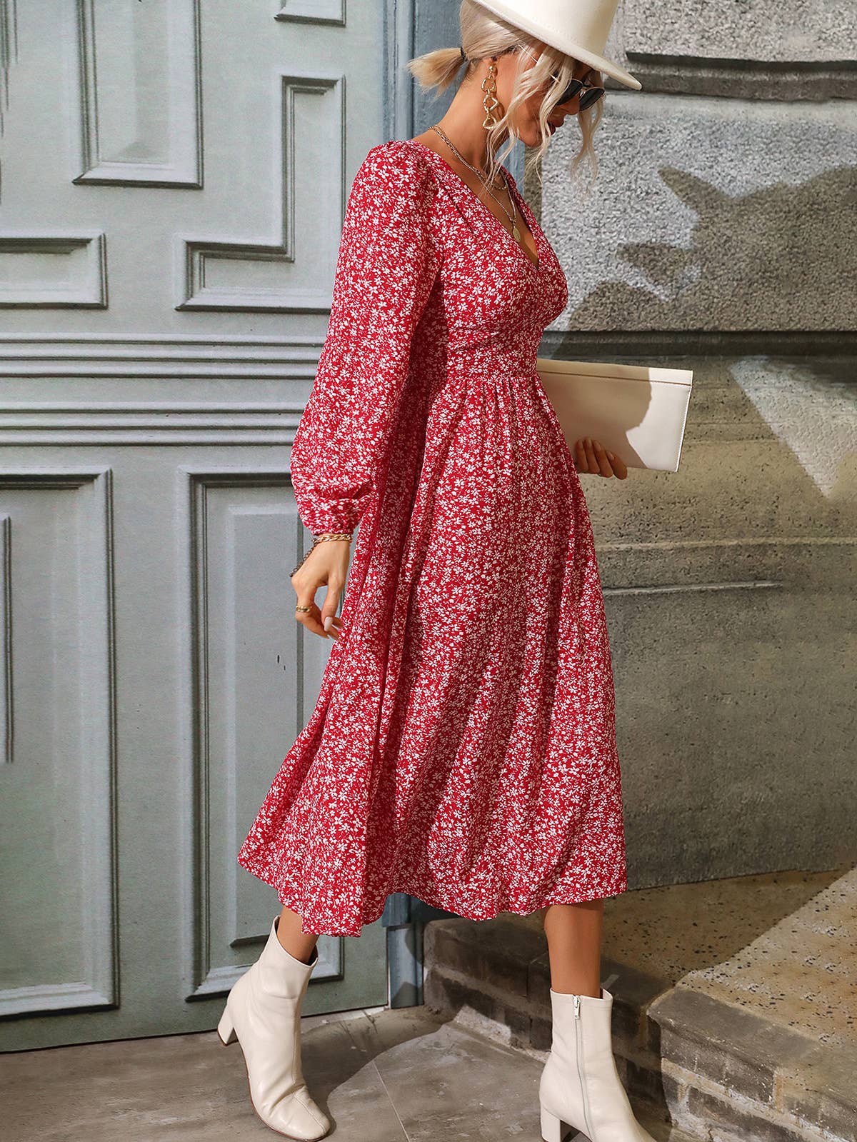 V-NECK WAIST PRINT DRESS