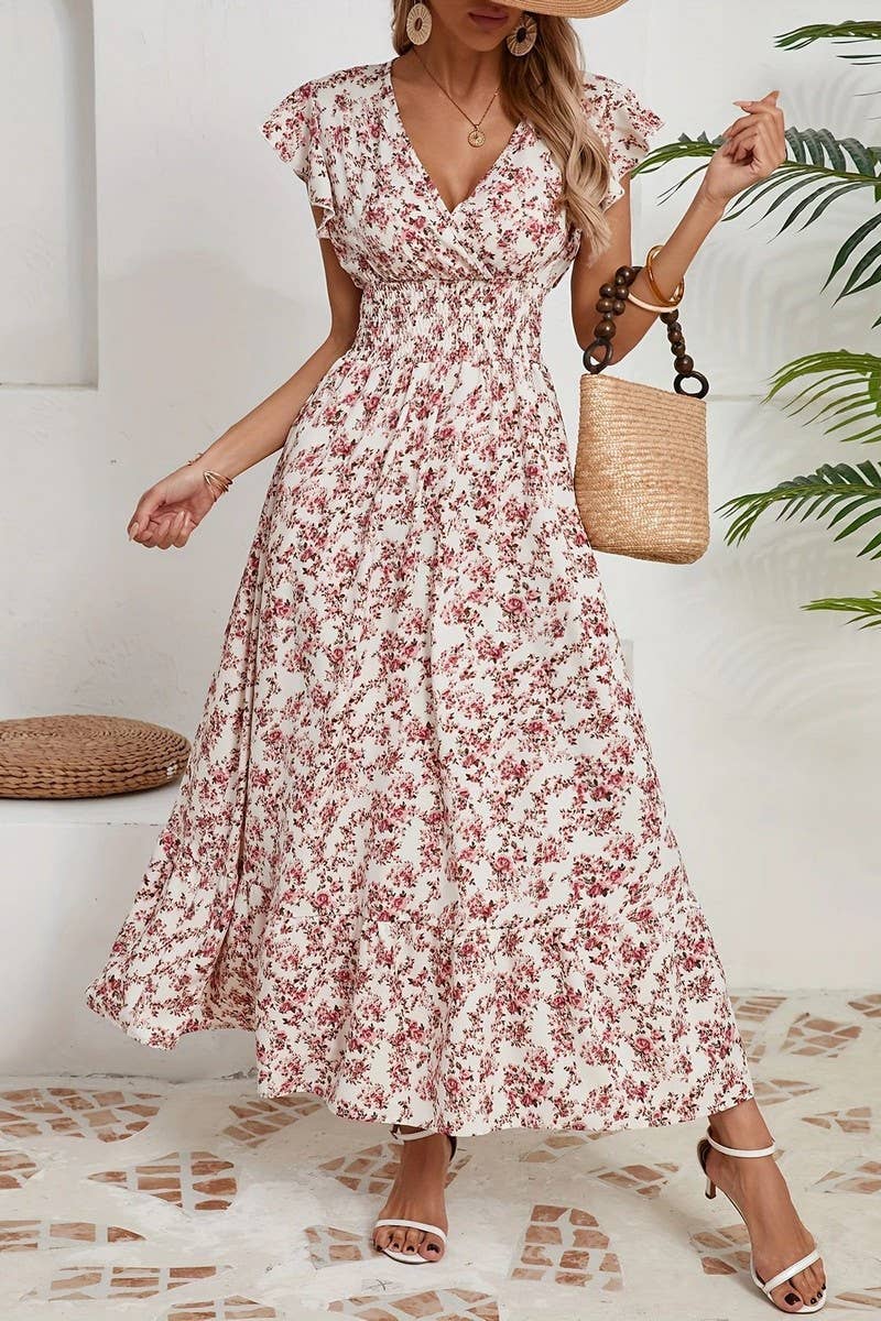 CWDMD6114_V-NECK FLORAL FRENCH STYLE SHORT SLEEVE DRESS