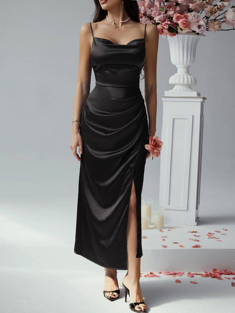 Sexy Satin Cowl Neck Bodycon Maxi Slip Dress