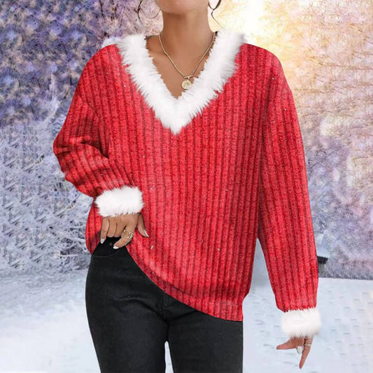 V WOOL COLLAR CLIP COTTON VERTICAL STRIPE SWEATER