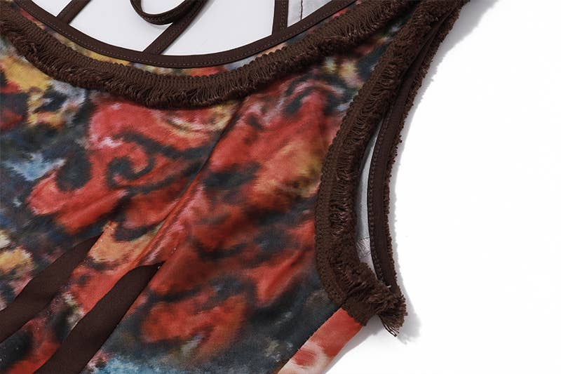 Stylish and retro tie-dyed printed U-neck dress