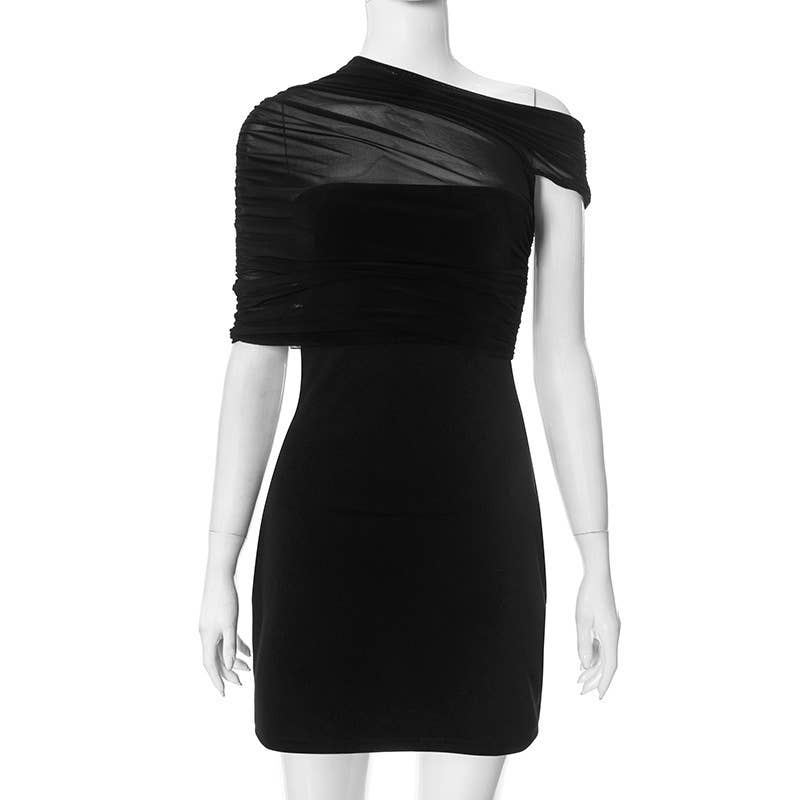 Sheer Mesh One-Shoulder Bodycon Dress