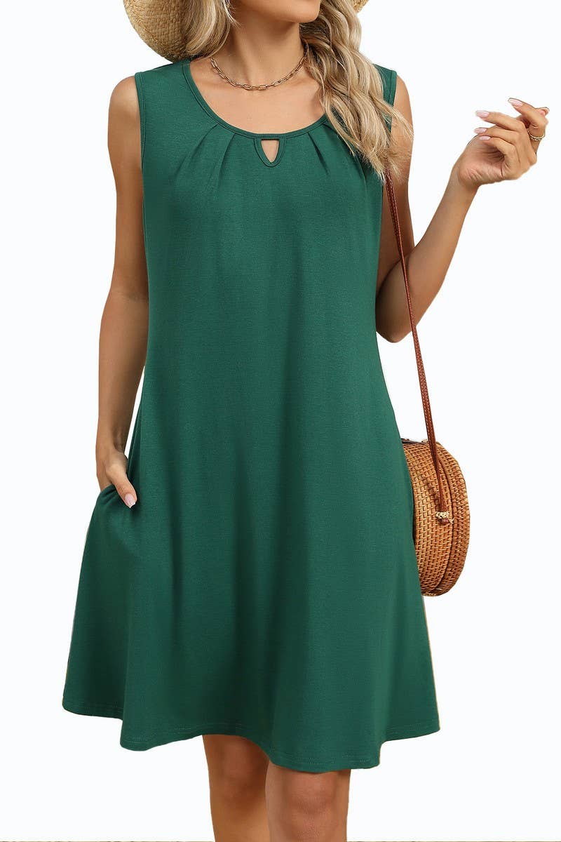 CWDSD8718_SOLID V-NECK RUCHED POCKET SLEEVELESS DRESS