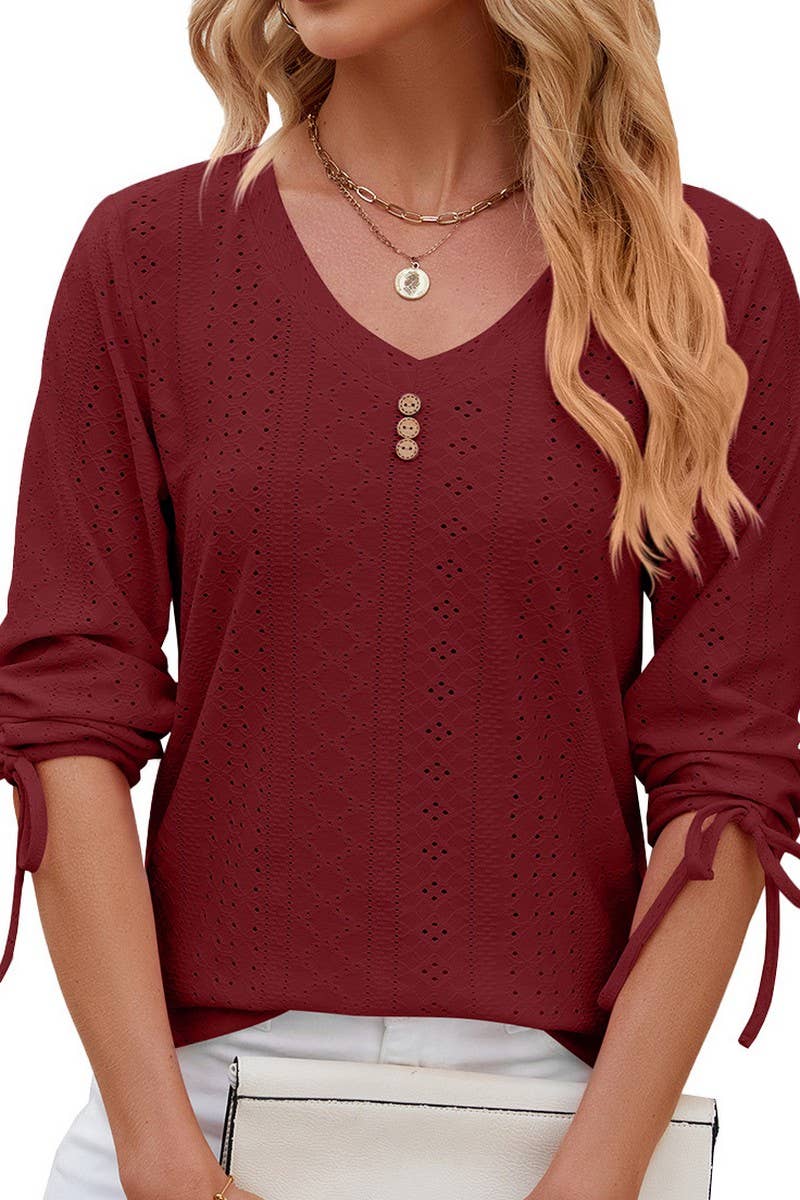 V NECK BUTTON DRAWSTRING T SHIRT_CWTSTS0191