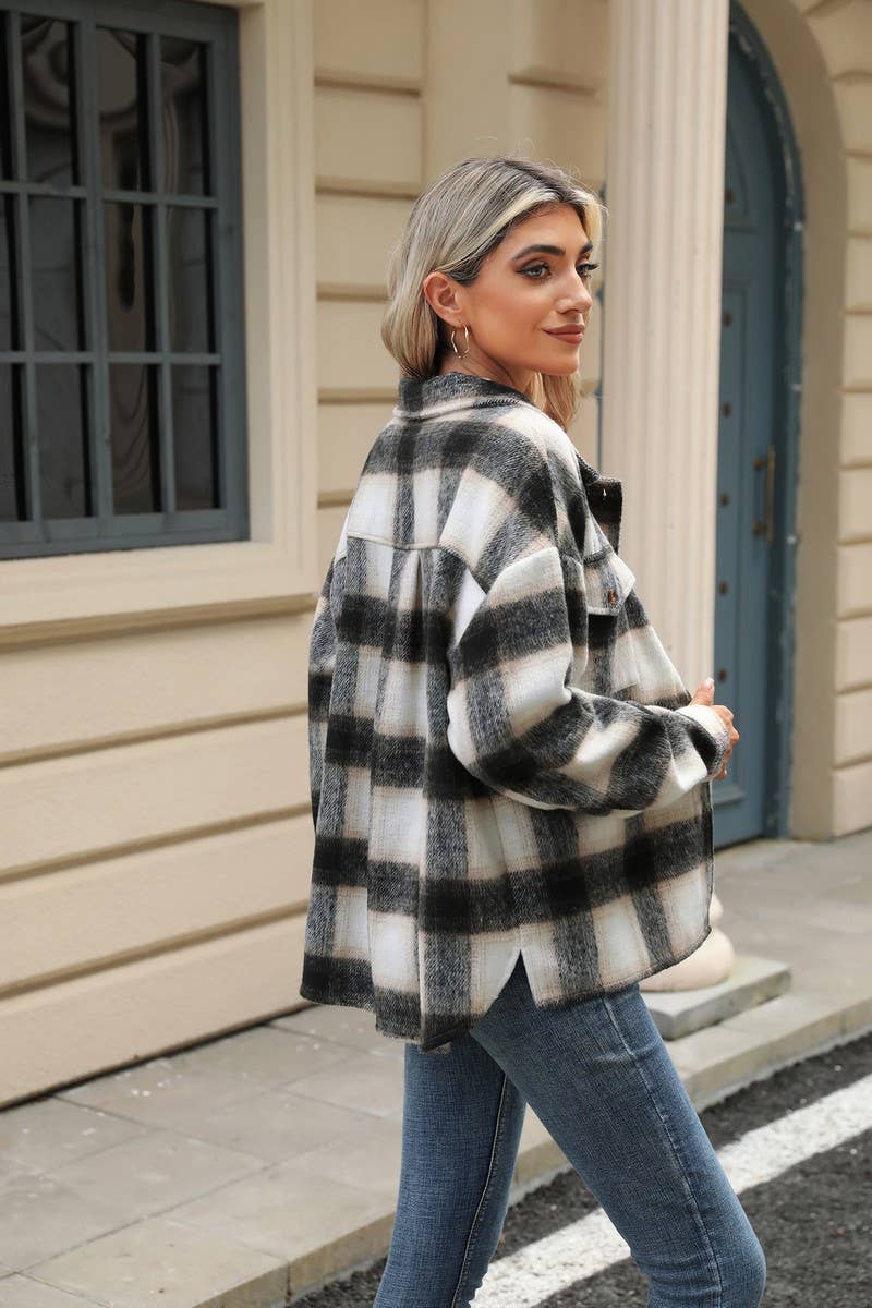 CWOCO0874_LONG SLEEVE LOOSE STRIPED PLAID CARDIGAN COAT