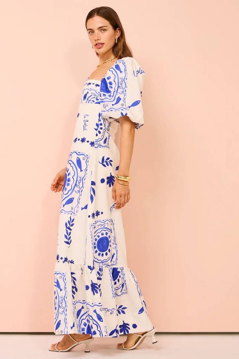 CWDMD6097_OFF SHOULDER PRINT LANTERN SLEEVE PATCHWORK DRESS