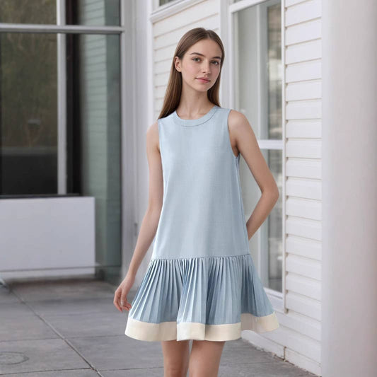 Pleated skirt hem two-color spliced dress
