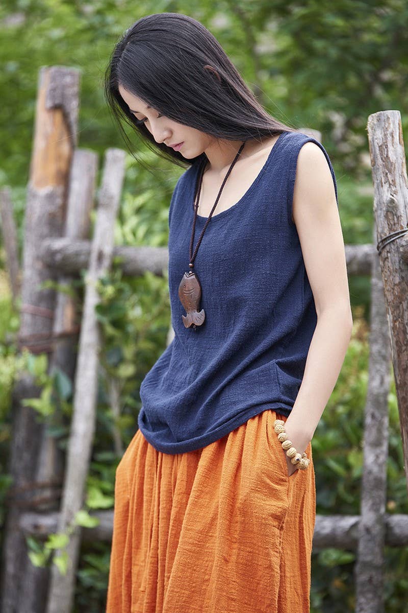 Cwtblsl0565_Loose Cotton And Linen Sleeveless Vest