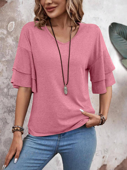 SOLID COLOR V-NECK DOUBLE-SLEEVED BAGGY BLOUSE
