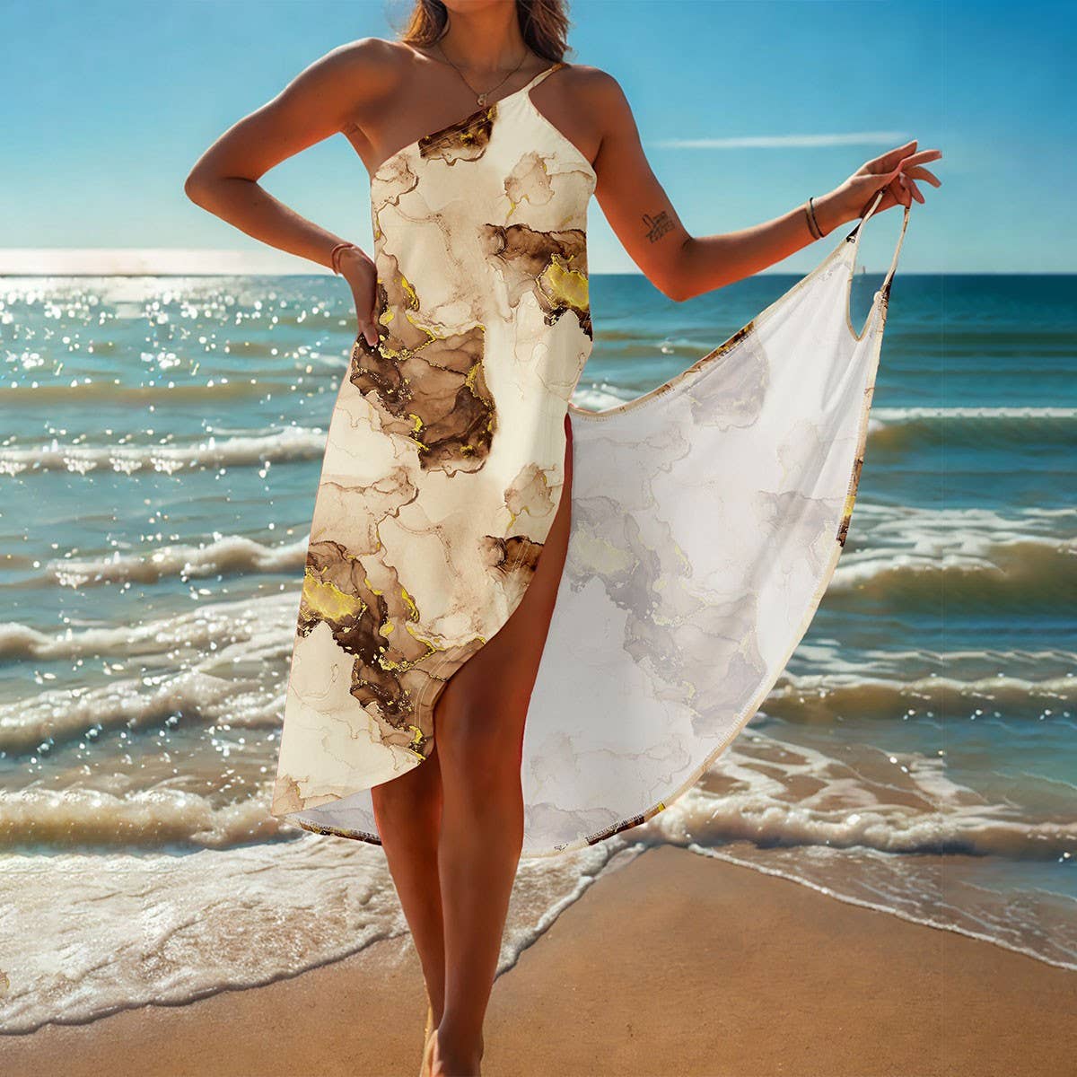 Floral Print One-Piece Beach Dress for Vacation