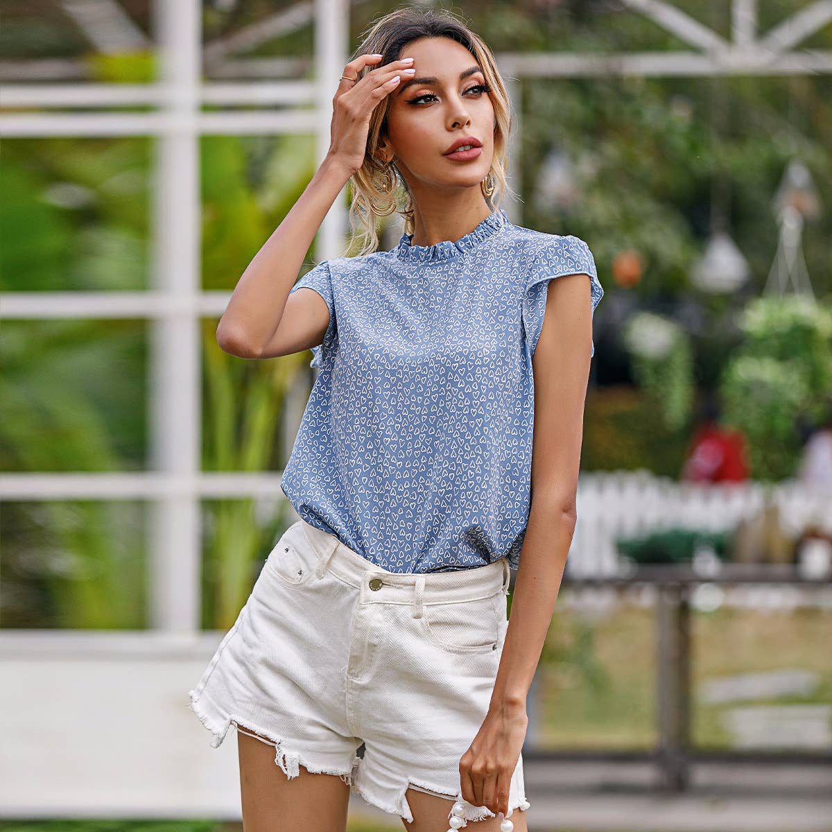 SUMMER BLUE HALF HIGH NECK LOTUS SLEEVE JACKET