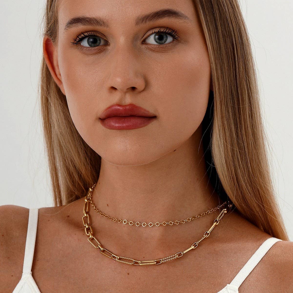 STACKING NECKLACES PAPERCLIP CLASP DOUBLE NECKLACE_CWMM3689