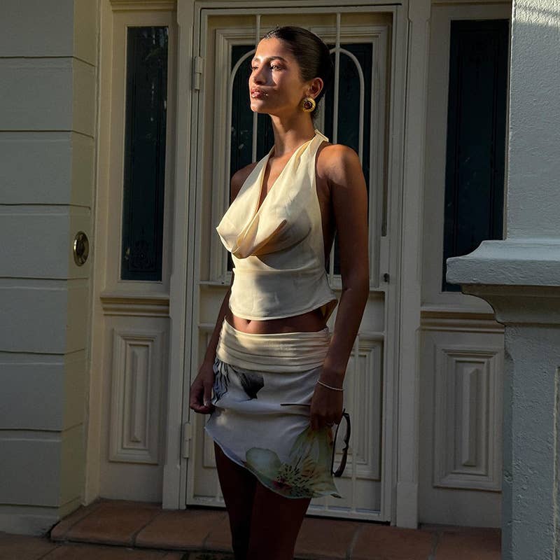 Sexy Halter Cowl Backless Top and Skirt Set