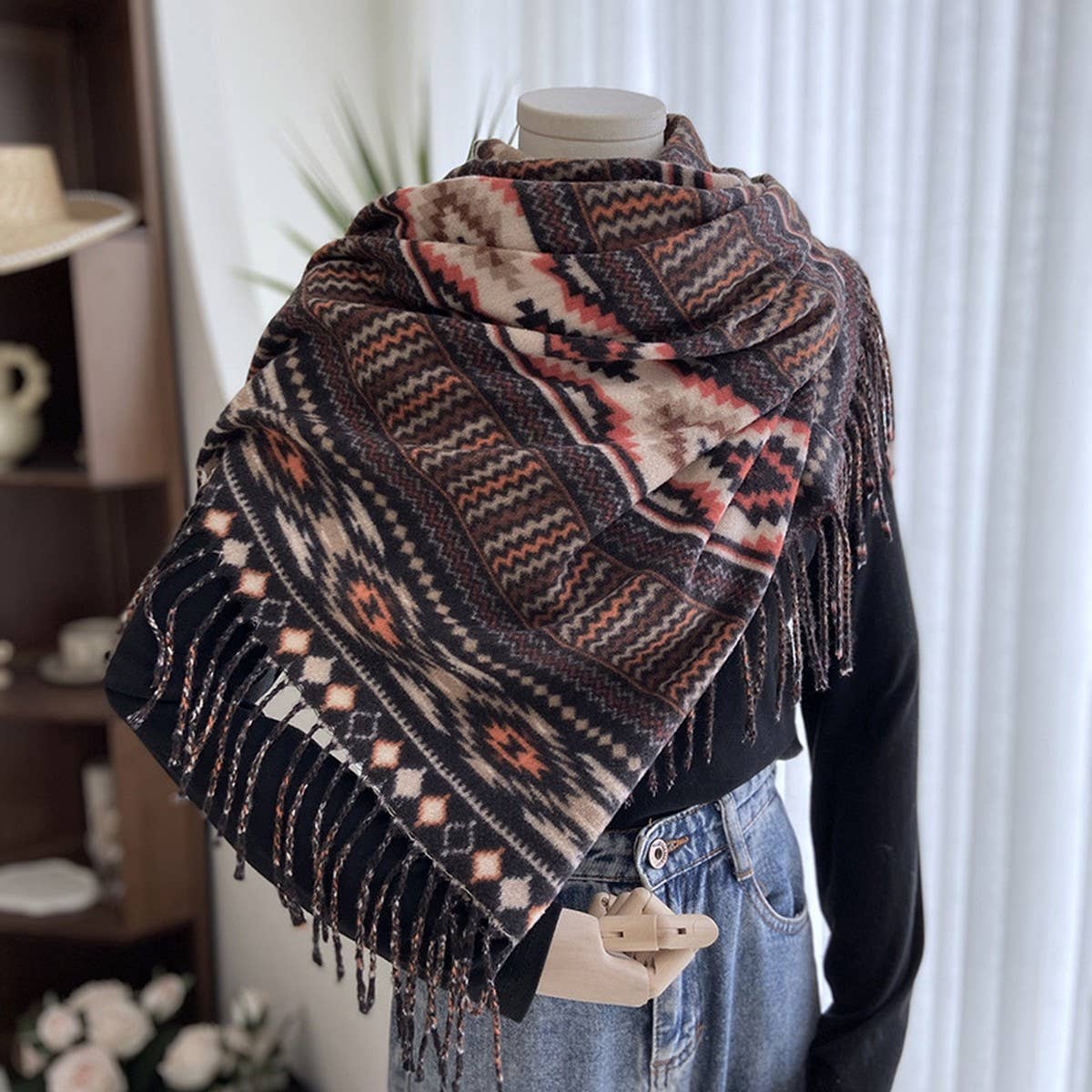 ETHNIC STYLE DOUBLE-SIDED PRINTED TASSEL SCARF