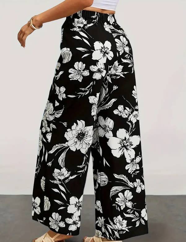 Lace-up printed high-waisted wide-leg pants