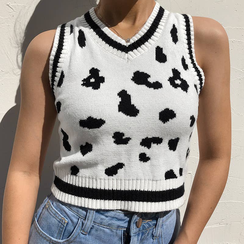 V-NECK MILK-PATTERNED SPOTTED JACQUARD VEST