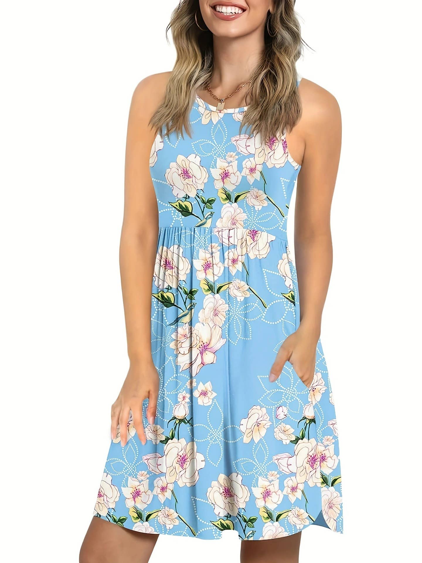 Round neck sleeveless vest pocket loose dress