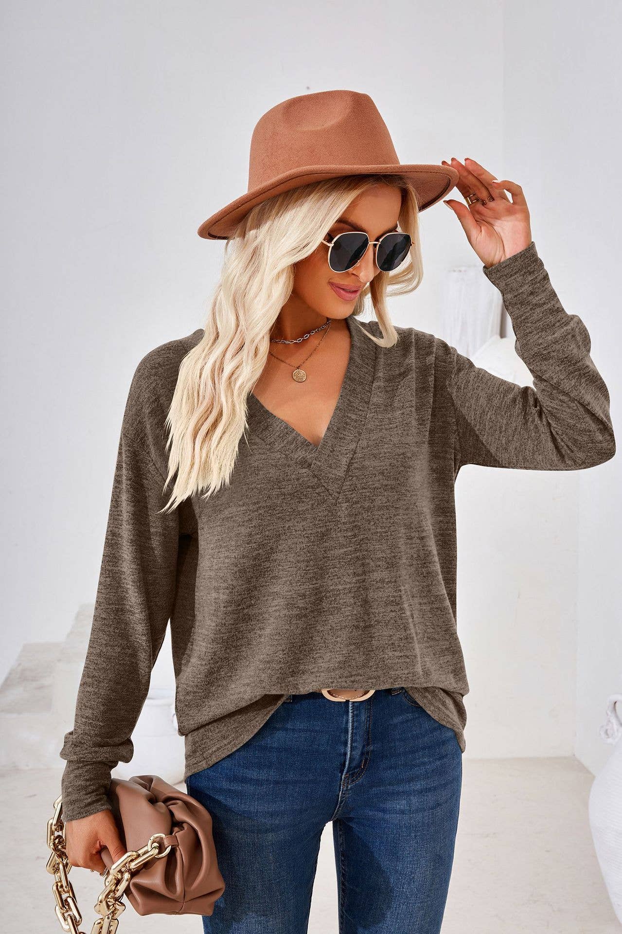 V-neck solid color patchwork long sleeve top