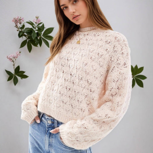 Hook-patterned hollowed-out pullover sweater