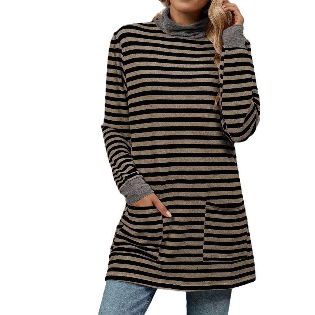 STRIPED BAGGY POCKET HIGH-NECK LONG-SLEEVED SHIRT