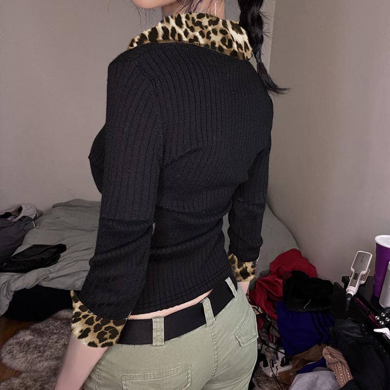 LEOPARD PATCHWORK V-NECK COLOR CONTRAST T-SHIRT