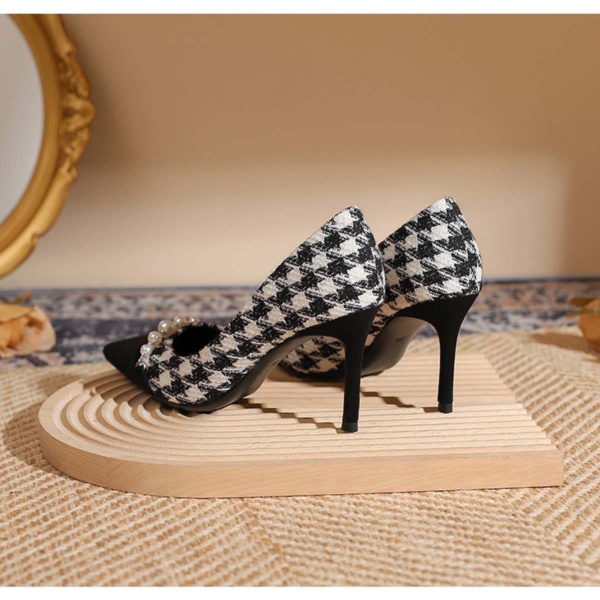 THOUSAND BIRD PLAID SLIM HEEL HIGH HEELS