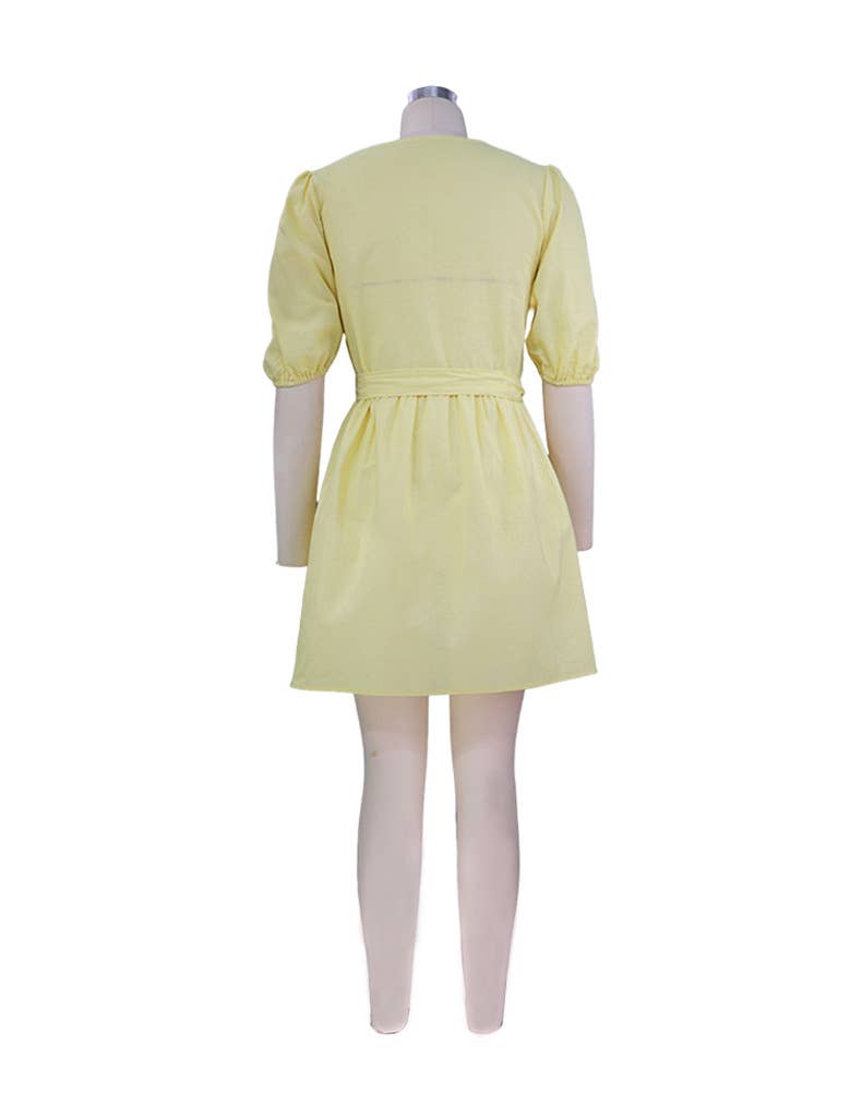 V-NECK PUFFED SLEEVE COTTON LINEN DRESS