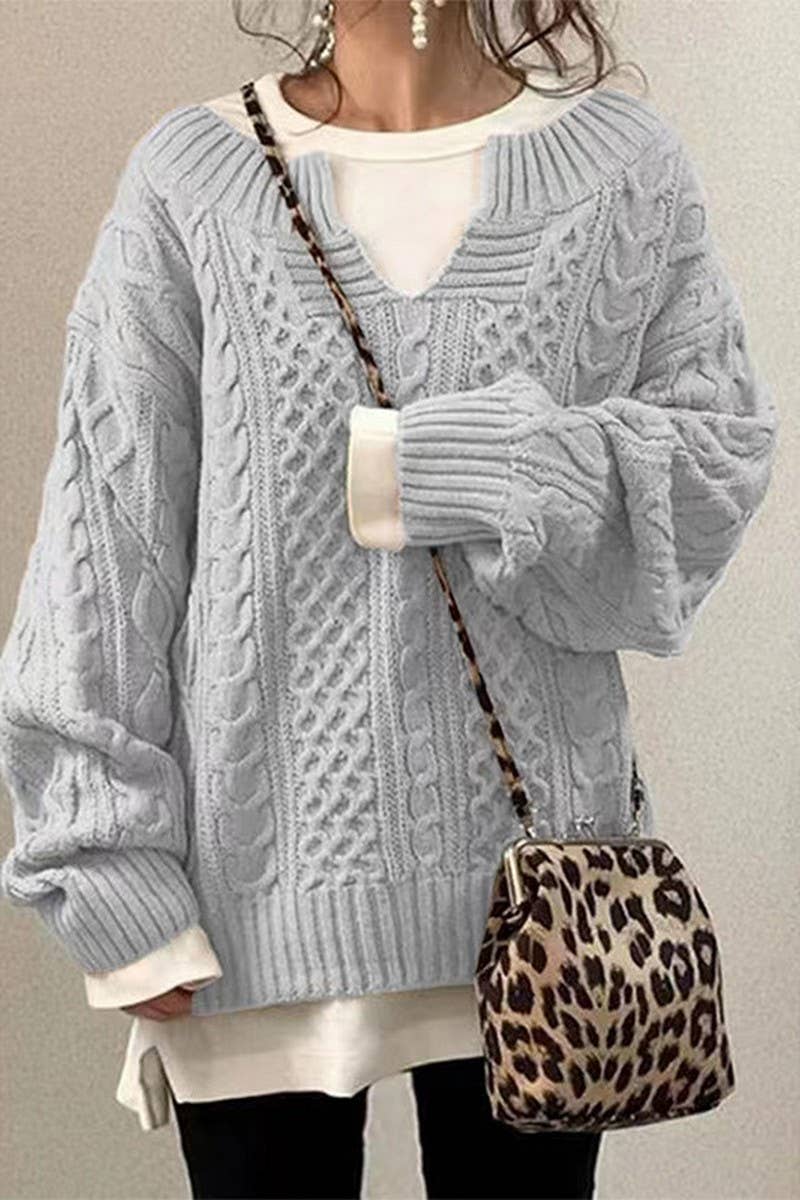 CWOSWL07652_SOLID COLOR LOOSE LONG-SLEEVED CABLE SWEATER