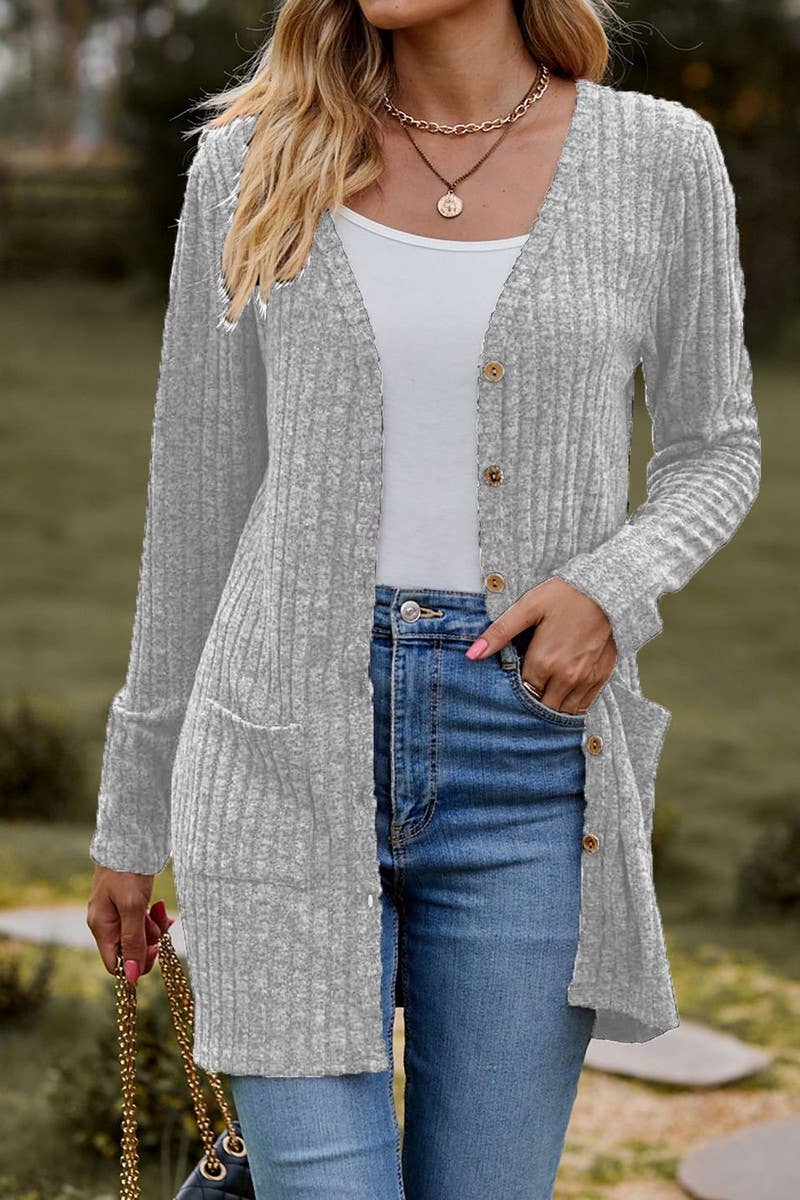 CWOCAL2286_BUTTON-UP BRUSHED RIBBED LONG SLEEVE CARDIGAN