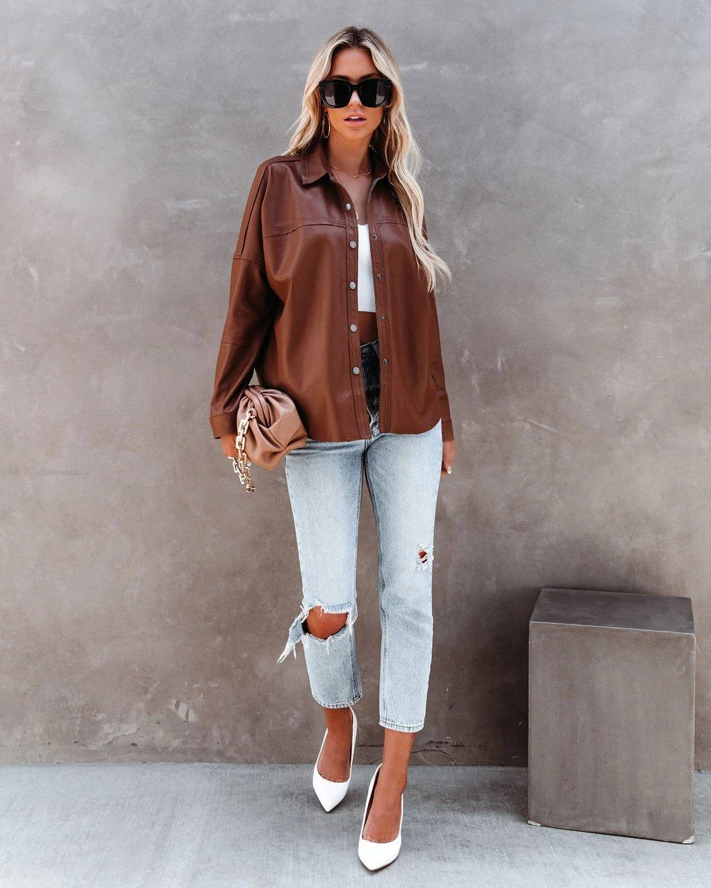 Lapel solid-color long-sleeved leather jacket