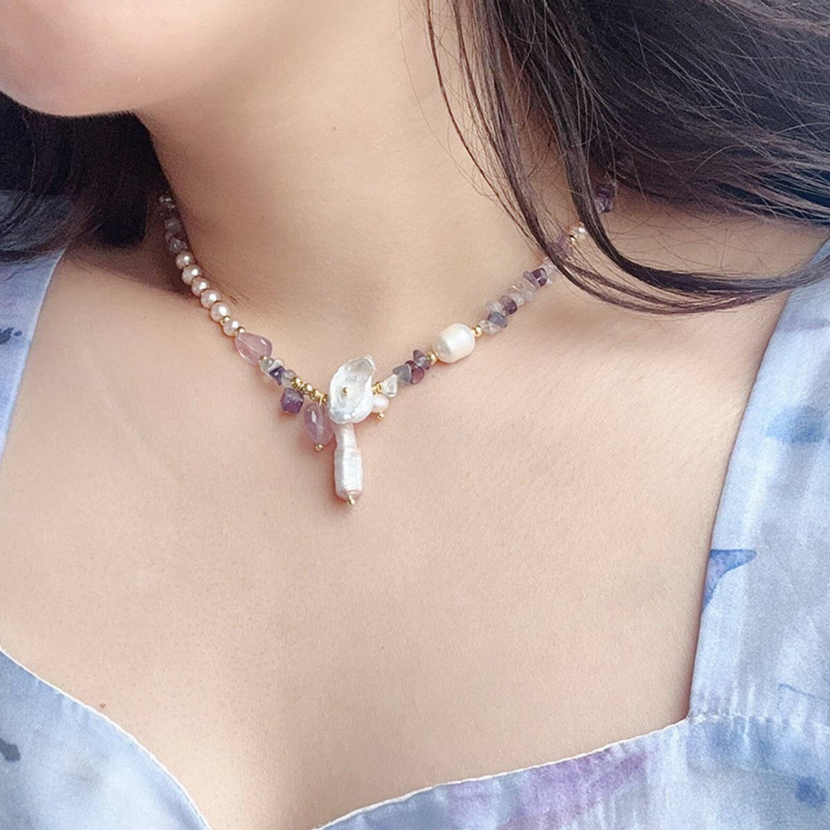 NATURAL STONE PEARL FRENCH NECKLACE BRACELET