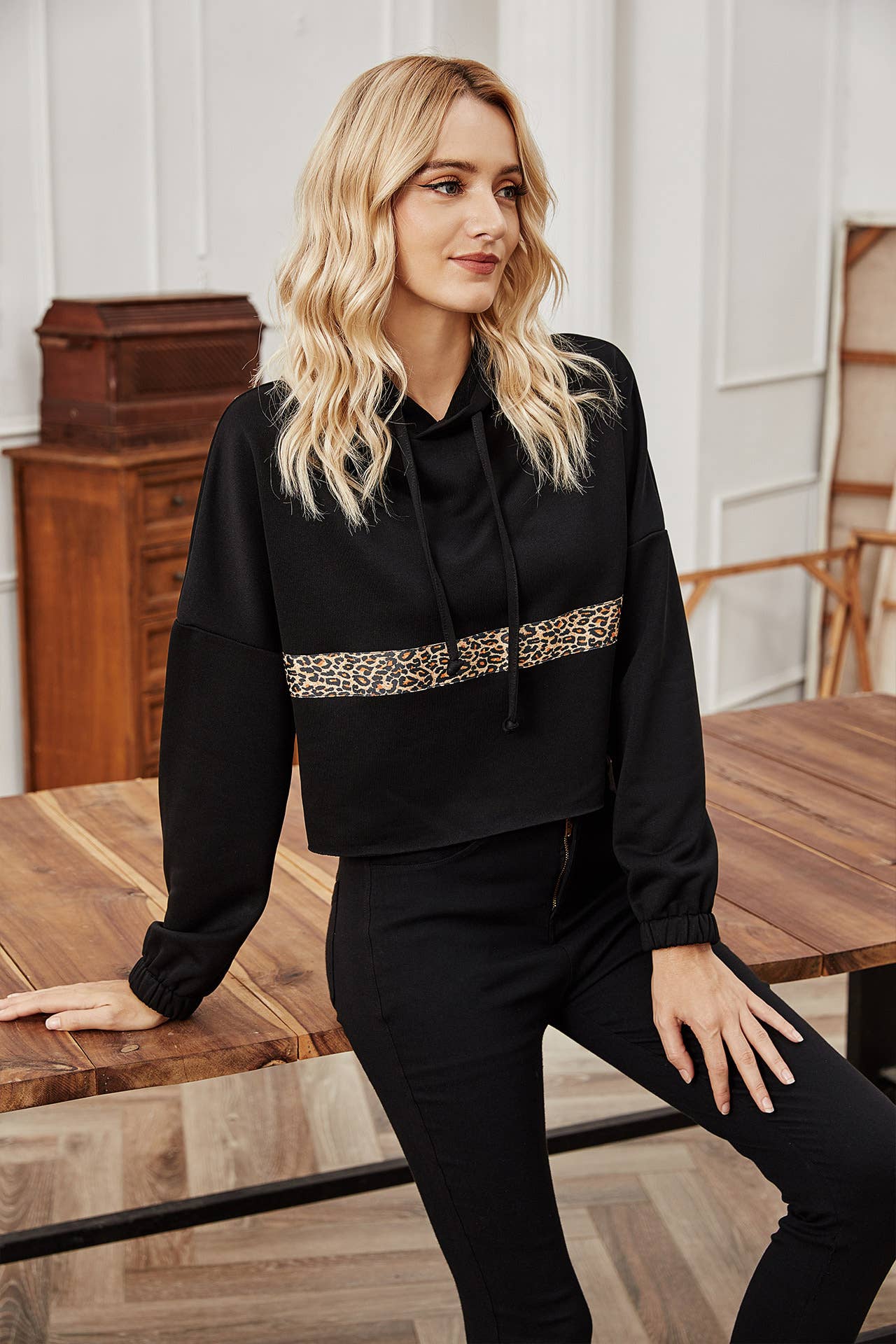 LEOPARD PRINT PATCHWORK CASUAL HOODIE