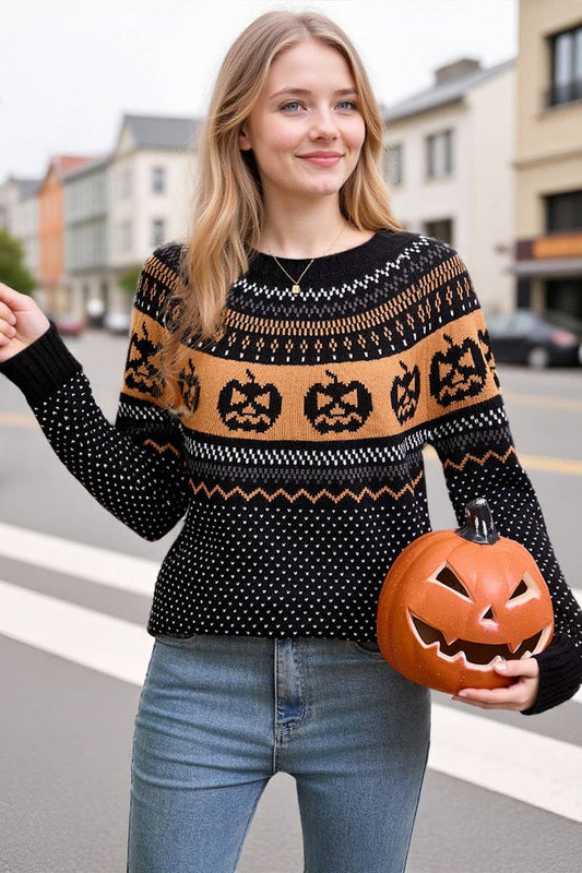 CWOSWL07354_HALLOWEEN PUMPKIN EMBROIDERED POLKA DOT SWEATER
