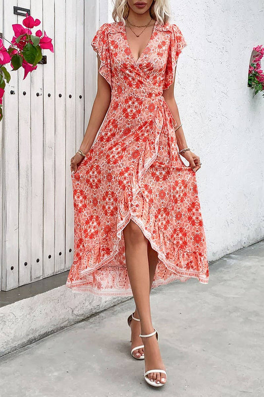 CWDMD2361_V NECK PRINTED WRAP MAXI DRESS