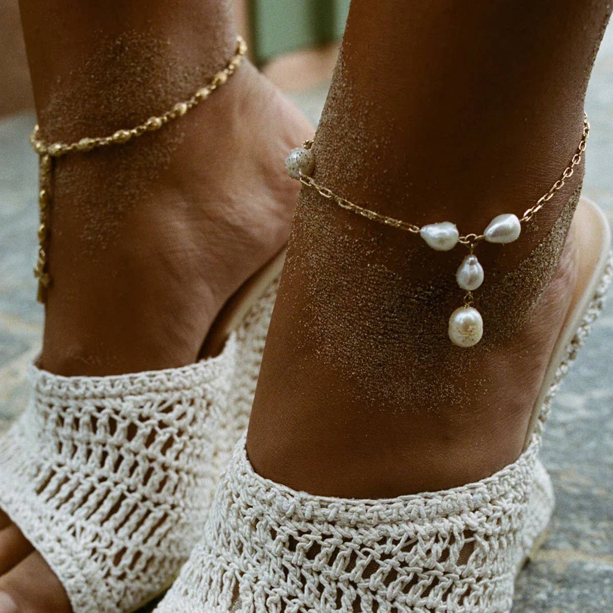 18K Gold Pearl Paperclip Anklet, Stainless Steel_CWAJE4848
