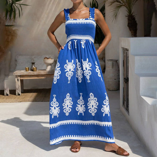Ethnic-style printed loose-fitting halter dress