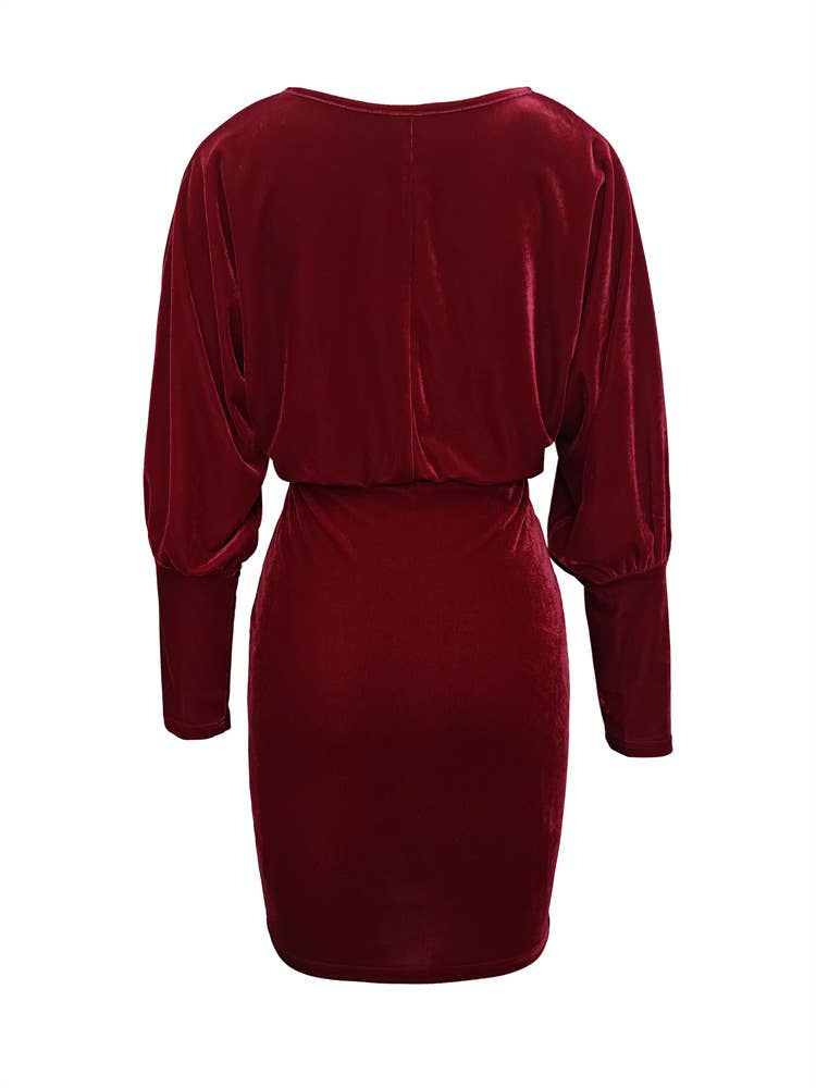 Sexy V-neck bat-sleeved velvet-wrapped hip dress