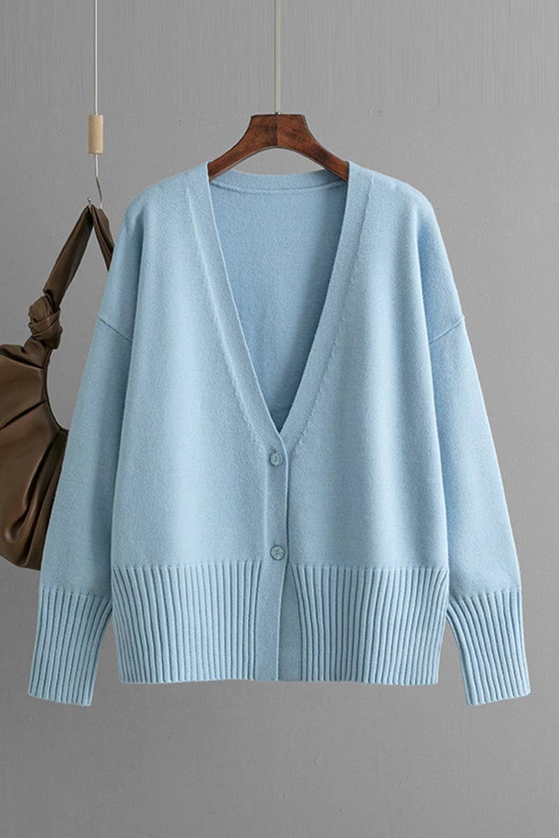 CWOCAL00665_V NECK SOLID LOOSE KNIT CARDIGAN SWEATER