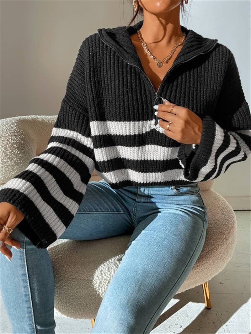 Striped color-blocking stand-up knitted sweater