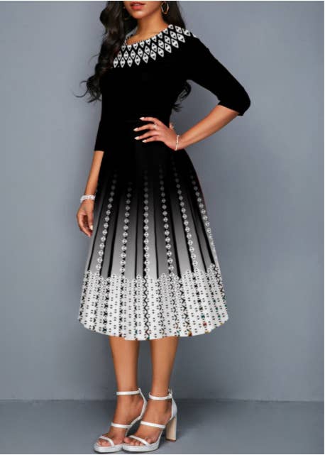 POSITIONING PRINT STYLE MID-SLEEVE WAIST DRESS