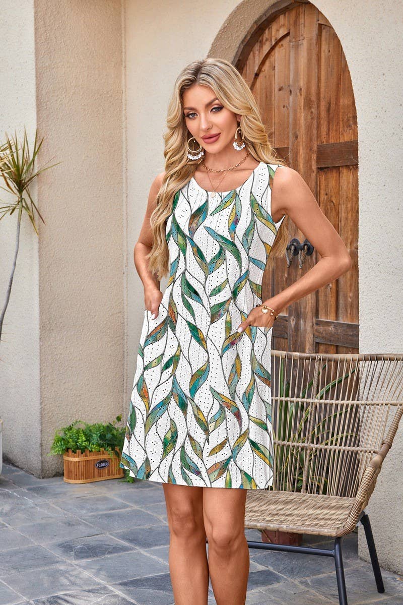 CWDSD8832_EYELET PRINT CASUAL SLEEVELESS TANK POCKET DRESS