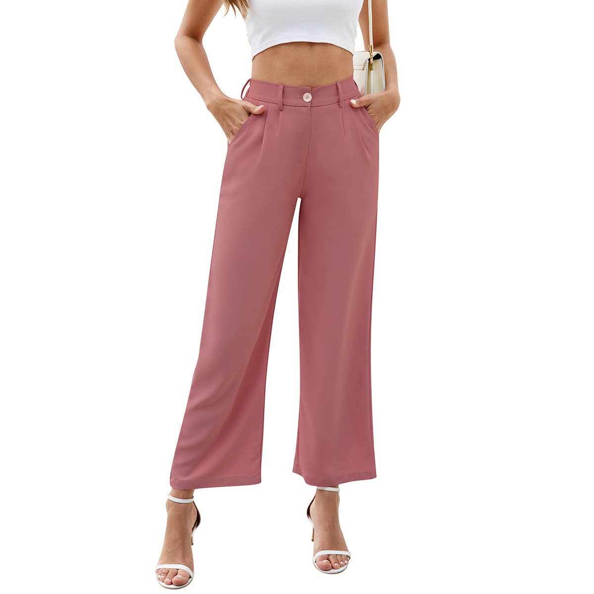 High-waisted solid-color long straight-leg pants