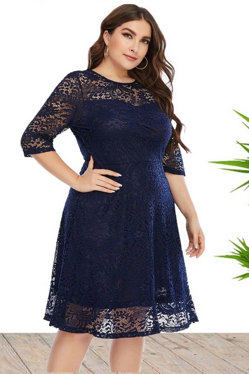 CWDSD5552_PLUS SIZE ROUND NECK LACE MIDI DRESS